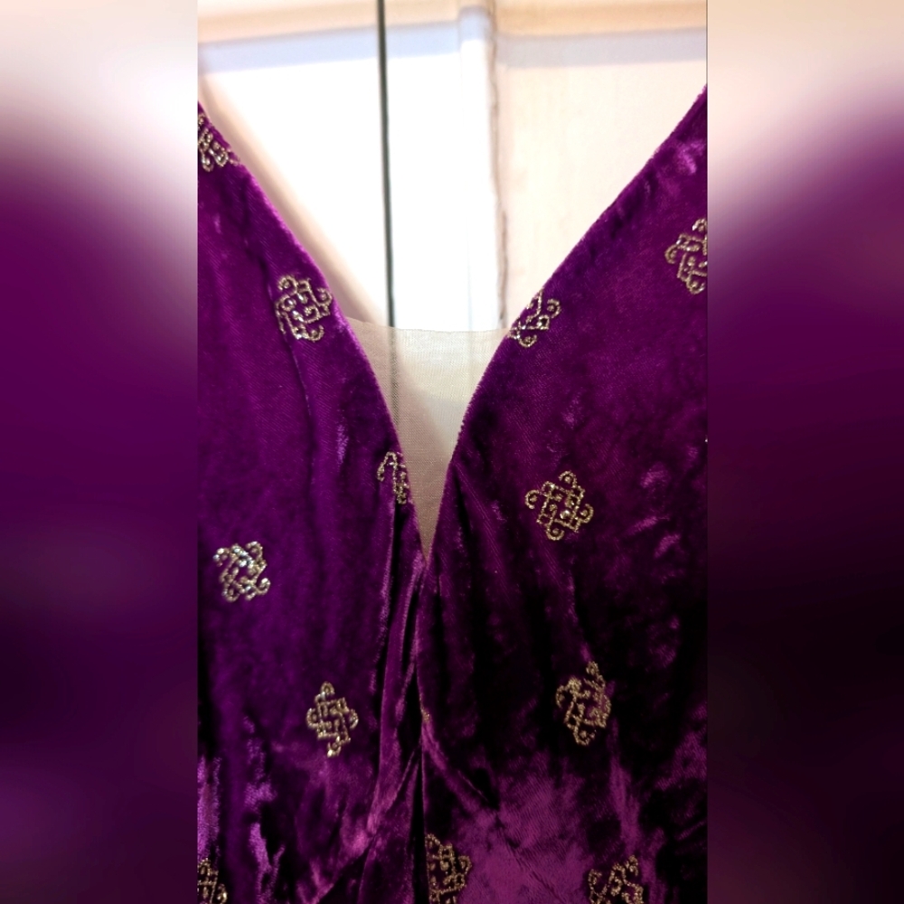 Purple Velvet Dress with Gold Embroidery